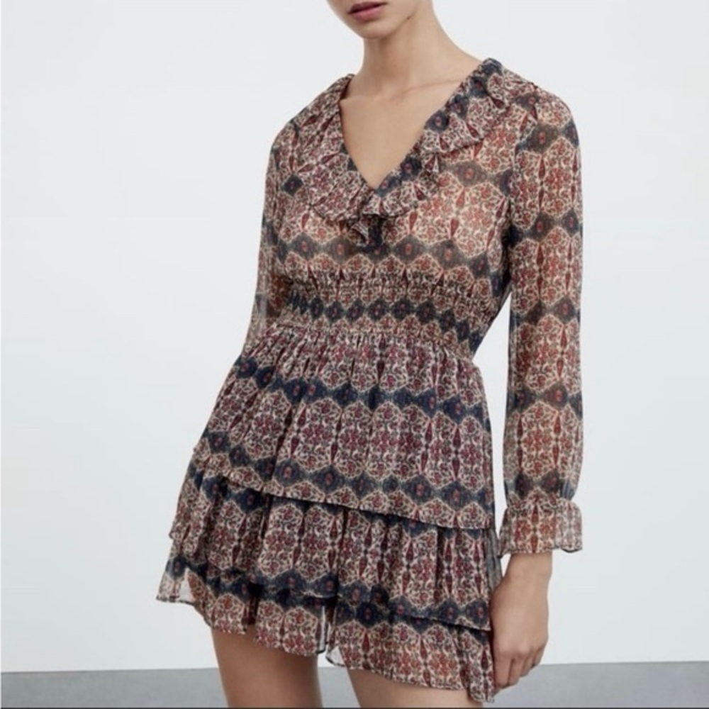 Zara Multicolor Floral Print Metallic Thread Dress Size XS Ruffle Mini Lined